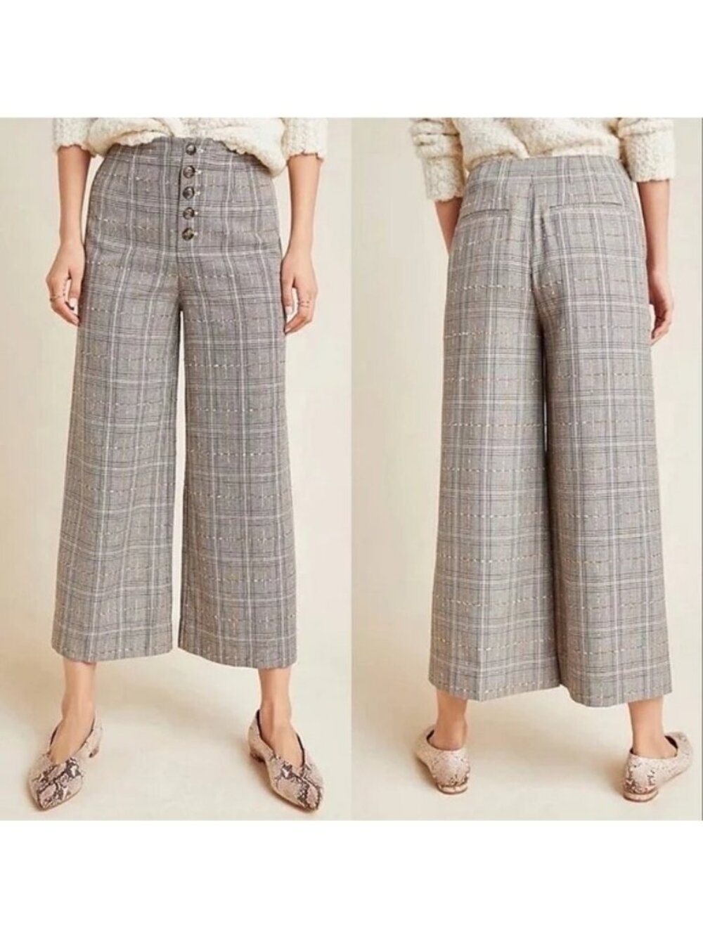 Anthropologie Brown Plaid Textured Wide Leg Crop Trouser Pants Womens Size 4